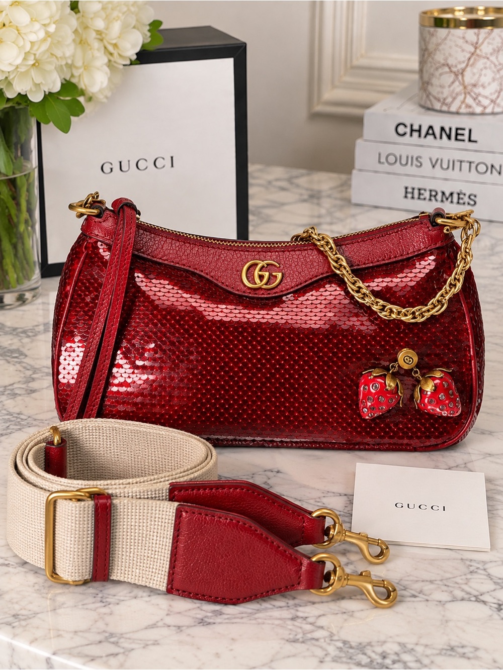 GUCCI Red Sequin Strawberry Charm Shoulder Crossbody Bag — NEW - Picture 6 of 8